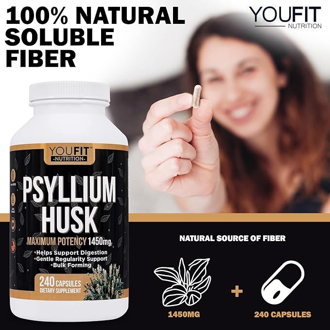 PSYLLIUM Husk Capsules - Premium Psyllium Fiber Supplement - Promotes Intestinal Health and Regularity - 100% Natural Soluble Fiber 1450mg Per Serving - 240 Capsules