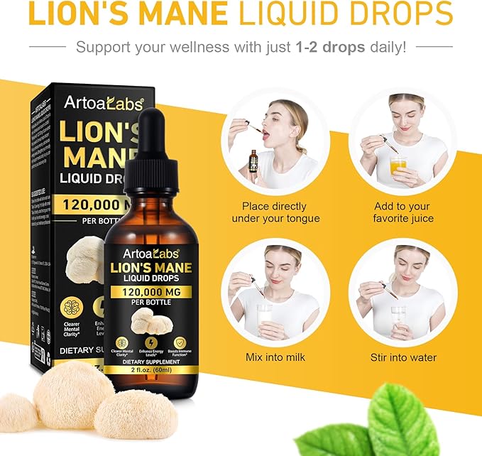 Lions Mane Mushroom Drops - 2Pack, Brain Supplement, Brain Vitamins, Enhance Memory & Focus & Immunity, 4 Oz