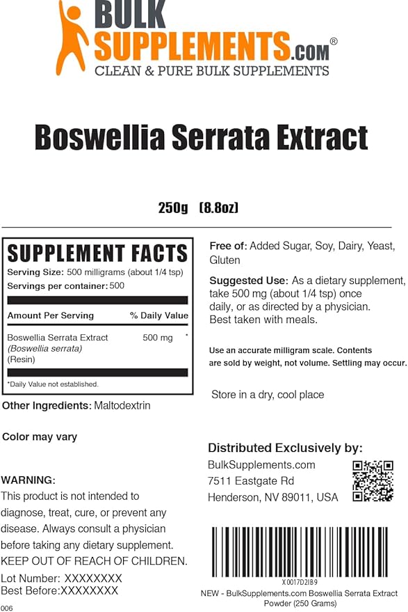 BulkSupplements.com Boswellia Serrata Extract Powder - from Frankincense Resin, Boswellia Serrata Powder - Herbal Supplement, Gluten Free, 500mg per Serving, 250g (8.8 oz) (Pack of 1)