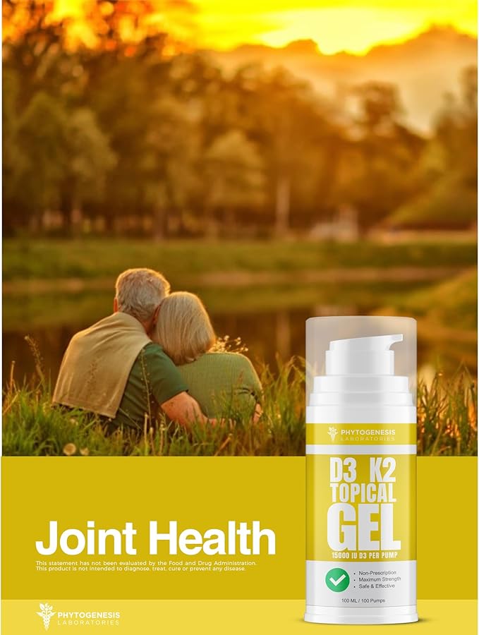Vitamin D3 K2 Maximum Strength Topical Gel - 15000+ IU Per Pump - The Sunshine Vitamin - Supports Bone & Joint Health, Immune Support - One Month Supply