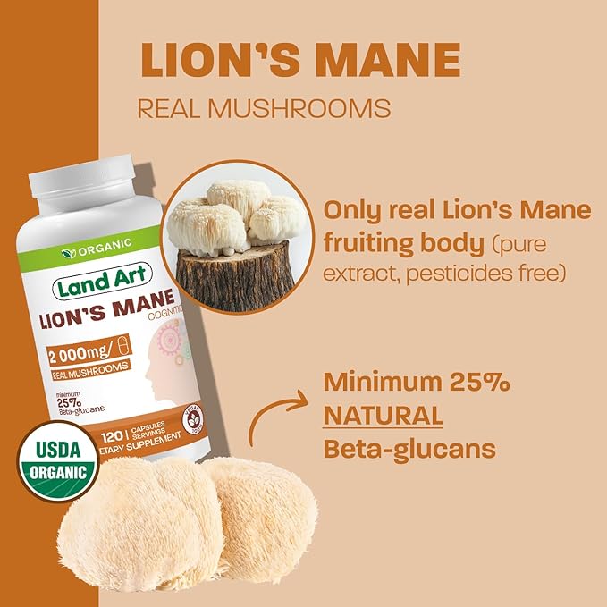 Land Art Certified Organic Lion's Mane - Cognition & Memory - 120 Days Supply - 2000mg - Cognition & Memory - Multiple Extraction - Mental Clarity - Focus