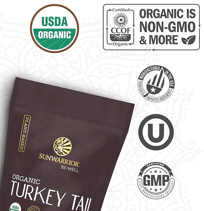 Sunwarrior Organic Turkey Tail Mushroom Powder | Turkey Mushroom Immune Support | Microbiome Gut Health Support | 50 Servings 100g Pouch | Be Well