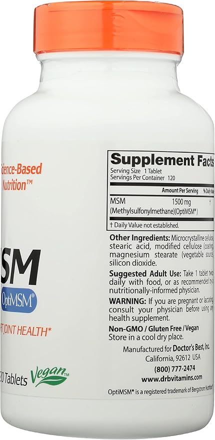 Doctors Best MSM with OptiMSM 1500mg, Vegan Friendly, Gluten Free & Non-GMO, 120 Tablets (Pack of 1)
