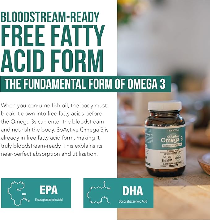 SoActive® Omega 3 EPA & DHA | Free Fatty Acid Form Omega 3 | Near Perfect Absorption – Up to 95% Absorption Rate | Bloodstream Ready EPA & DHA – More Effective Than Fish Oil & Krill Oil (60 Capsules)