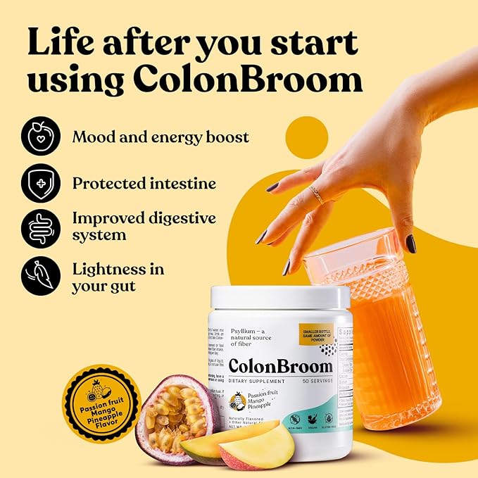 ColonBroom Psyllium Husk Powder with Stevia (Tropical Fruits) - Colon Cleanse for Bloating Relief & Gut Health - Colon Broom Fiber Powder Drink - Vegan Fiber Powder Stevia Supplement, 100 Servings