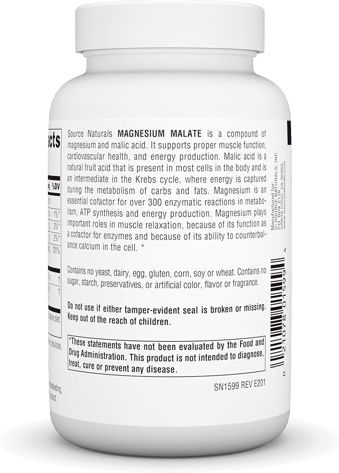 Source Naturals Magnesium Malate 3750 mg Per Serving Essential Magnesium Malic Acid Supplement - 100 Capsules