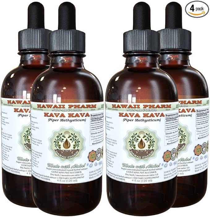 Kava Kava Alcohol-Free Liquid Extract, Kava Kava (Piper Methysticum) Dried Root Glycerite Hawaii Pharm Natural Herbal Supplement 4x4 oz