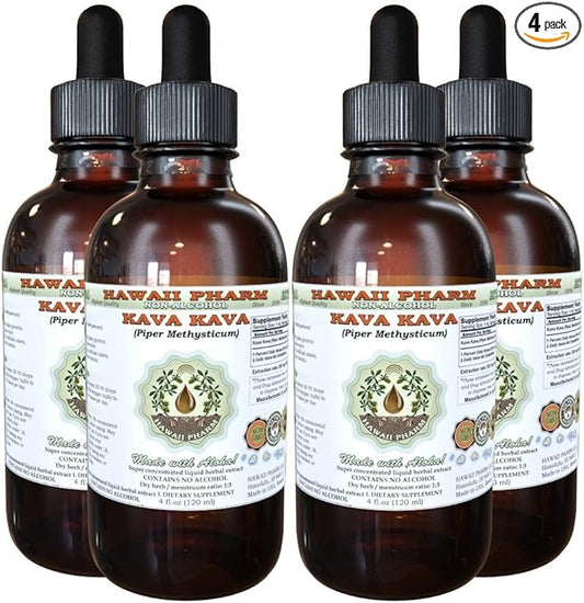 Kava Kava Alcohol-Free Liquid Extract, Kava Kava (Piper Methysticum) Dried Root Glycerite Hawaii Pharm Natural Herbal Supplement 4x4 oz