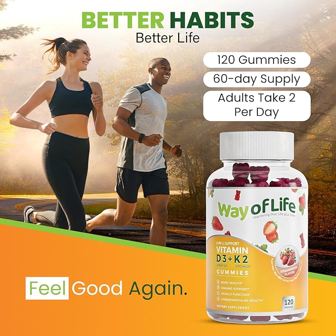 Vitamin D3 5000 IU (125 mcg) + K2 (MK-7) 100 mcg Sugar-Free Gummies, Strawberry - 120 count, Bone and Heart Health for Adults, Muscle Funtion, Pectin, Tasty, Chewy, Non-GMO, Gluten-Free, Gelatin-Free