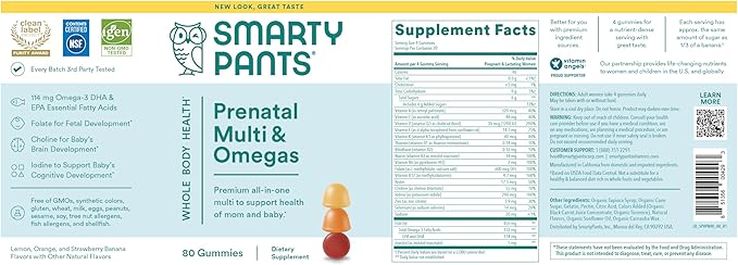 SmartyPants Prenatal Vitamins for Women, Multivitamin Gummies: Omega 3 Fish Oil (EPA/DHA), Biotin, Methylfolate, Vitamin D3, C, Vitamin B12, B6, A, K & Zinc, Inositol, 80 Count (20 Day Supply)