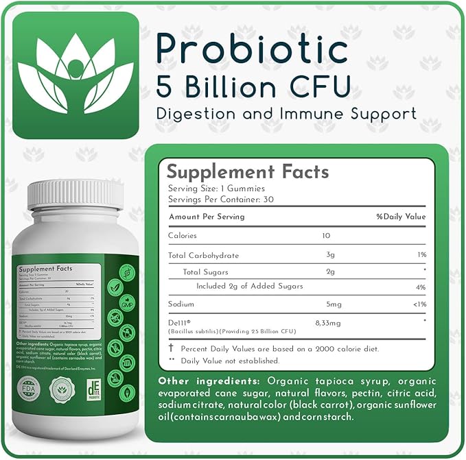 Organic Probiotic Gummies, 5 Billion CFU per Serving, 60 Count, Vegan, Supports Digestive Health and Immune Defense, for Women and Children; Strawberry Flavor