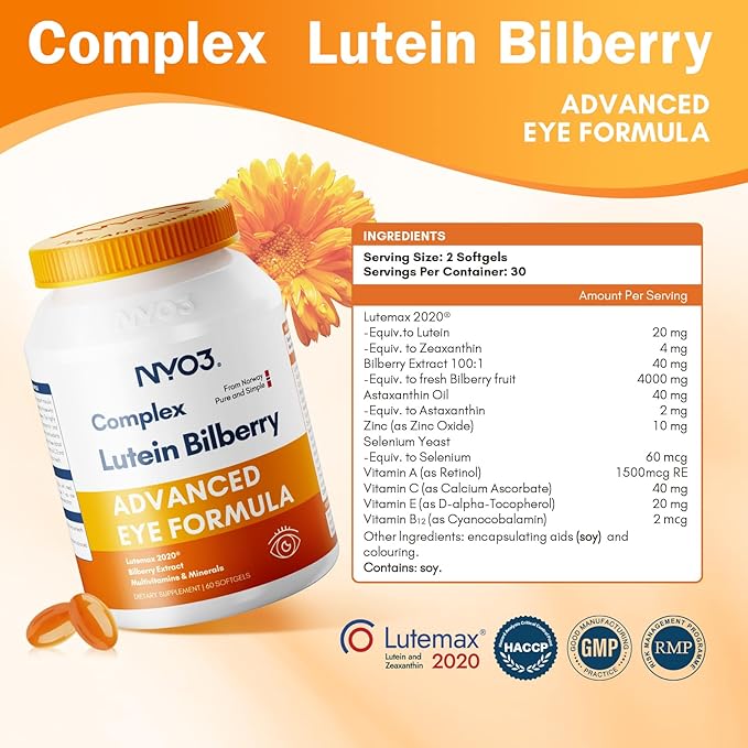 Lutein 20mg and Zeaxanthin Supplements, Lutemax 2020, 60 Softgels Advanced Bilberry & Astaxanthin, Vitamins A, C, E, B12 & Minerals, Eye Health & Vision Protection