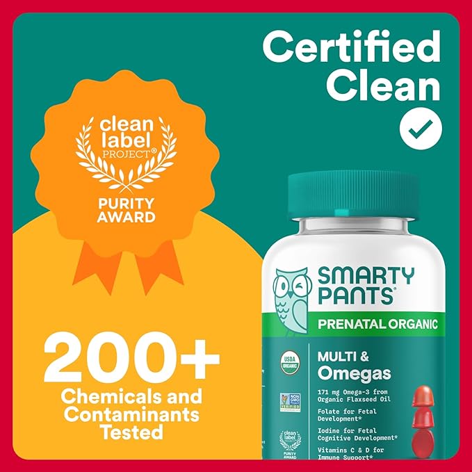 SmartyPants Organic Prenatal Vitamins for Women, Multivitamin Gummies: Probiotics, Biotin, Methylfolate, Omega 3 (ALA), Vitamin D3, C, Vitamin B12, B6, A, K2 & Zinc, Choline, 120 Count (30 Day Supply)