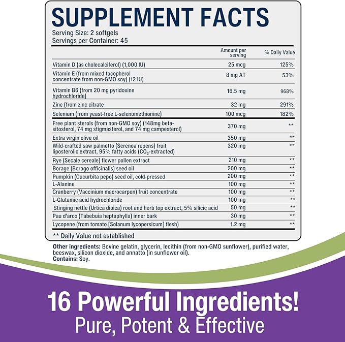 New Roots | Prostate Supplement + Super Blend 16 Powerful Herbals: Saw Palmetto, Plant Sterols, Rye Flower, Borage Oil, Cranberry, Olive Oil, Zinc, Selenium (14 Softgels) - Urinary Health Supplement