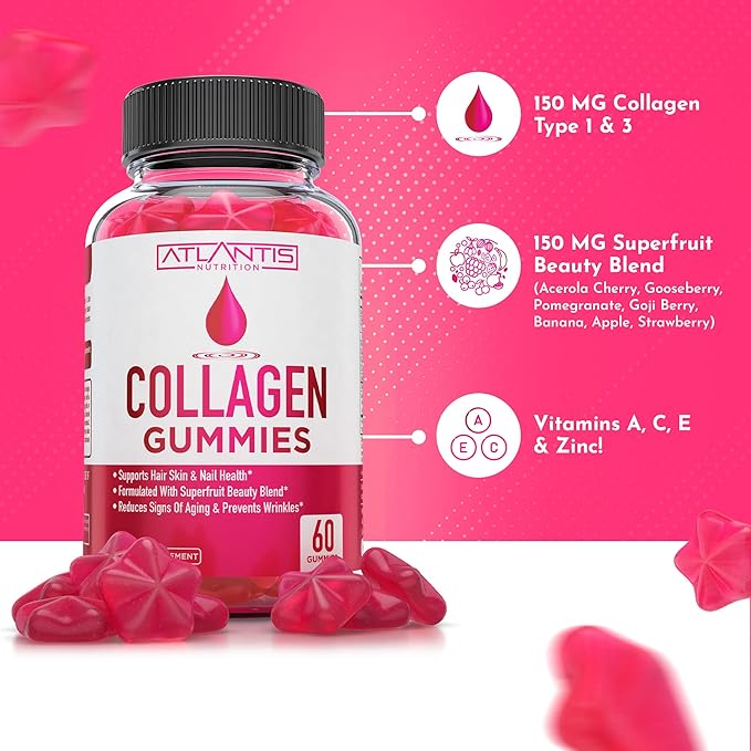 Atlantis Nutrition Collagen Peptides Gummies for Women - Formulated with Type I & III - Vitamin & Superfruit Beauty Blend - Formulated to Support Hair, Nail & Skin Health | 60 Count
