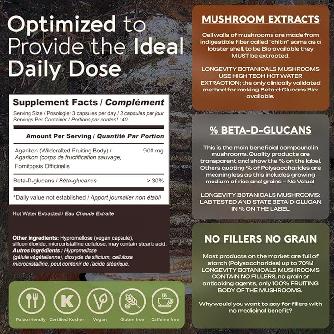 Longevity Botanicals Wildcrafted Agarikon Mushroom Extract Capsules (120) | Concentrated 10:1 Ratio | 100% Fruiting Bodies | Laricifomes Officinalis Supplement for Immunity & Respiratory Support