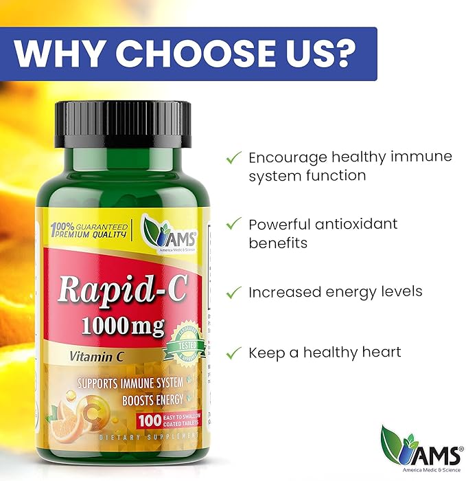 America Medic & Science Rapid-C 1000mg Vitamin C Supplement (3 Pack of 100 Tablets) Energy Booster, Daily Immune System Support, Antioxidant | Vegan, Non-GMO Coated Ascorbic Acid for Adult Men & Women