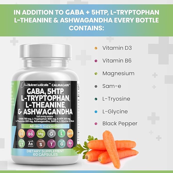 Clean Nutraceuticals GABA 750mg 5 HTP 200mg L Tryptophan 500mg L Theanine 200mg Ashwagandha SAM-e L-Glycine - Mood Support Vitamins for Women and Men with L-Tyrosine (90 Count (Pack of 2))