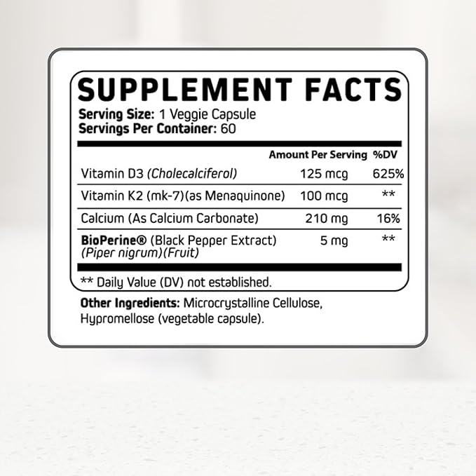 Vitamin D3 K2 Calcium Supplement - Vitamin D 5000 IU + Vitamin K2 MK7 100 mcg, Bone Strength & Heart Health Supplements for Women & Men, D3K2 Teeth Vitamins with Bioperine (60 Count (Pack of 2))