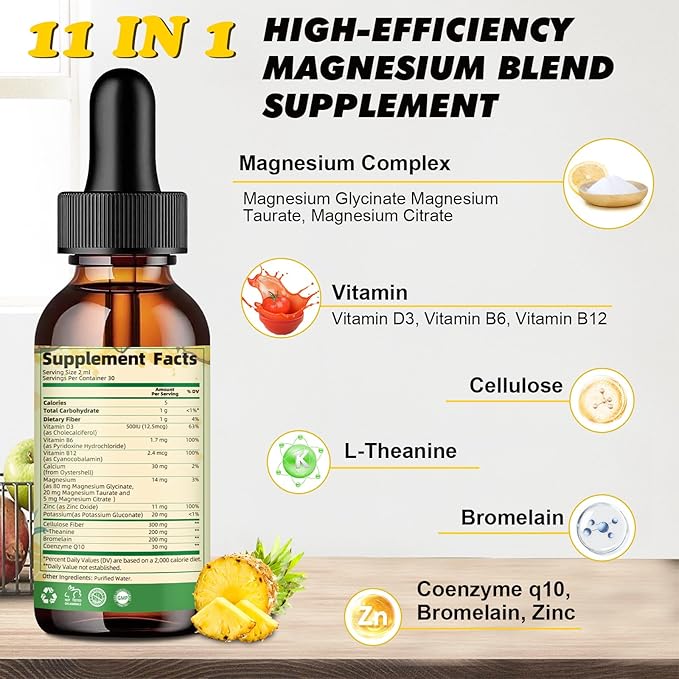 2Pack Magnesium Glycinate Complex, Magnesium Liquid Drops with Magnesium Citrate, Calcium, Potassium, Vitamin D3, Zinc - Magnesium Taurate Supplement