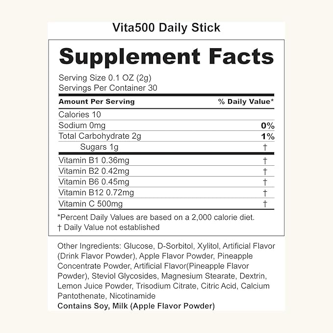 Vita500 Multivitamin Powder Daily Stick, Improve Strong Immune, & Energy Boost with Vitamin C 500mg, and Vitamin B Complex (30 Sticks of 500mg)