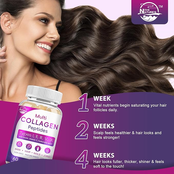 Multi Collagen Peptides Softgel - Type I, II, III, V, X - Hydrolyzed Collagen Peptides with Biotin, Vitamin C, Hyaluronic Acid, Supports Skin Hair Nail, Grass-Fed, Non-GMO, 60 Softgel, 1 Pack