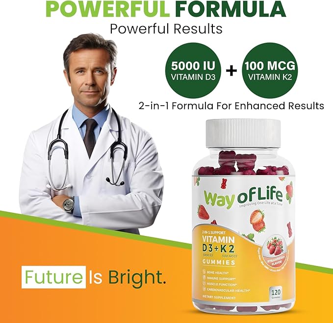 Vitamin D3 5000 IU (125 mcg) + K2 (MK-7) 100 mcg Sugar-Free Gummies, Strawberry - 120 count, Bone and Heart Health for Adults, Muscle Funtion, Pectin, Tasty, Chewy, Non-GMO, Gluten-Free, Gelatin-Free
