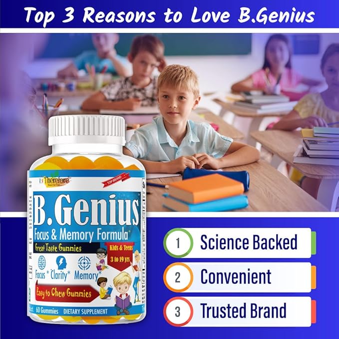 B.Genius Brain Booster Supplement & Memory Support Vitamins for Kids & Teens, Support Brain Focus, Memory, Learning, Accuracy with Omega 3, EPA/DHA Tasty 60 Chewable Gummies