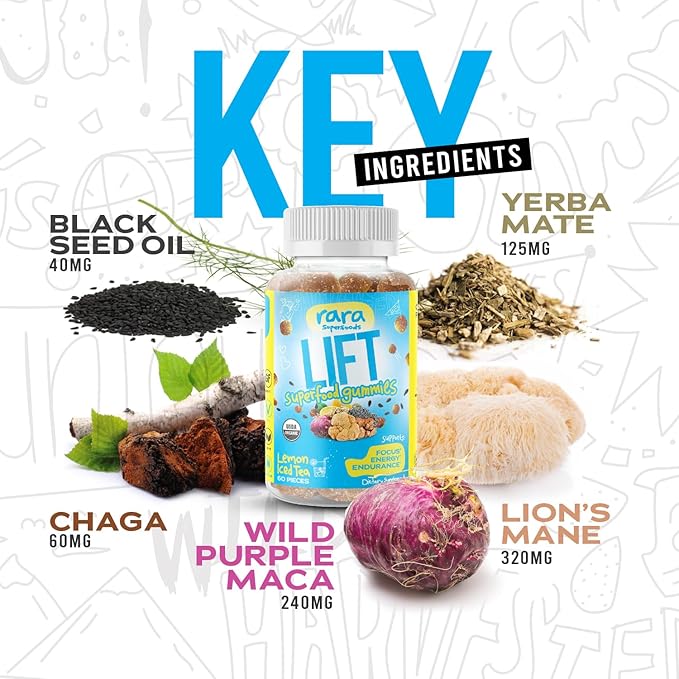 Lift Focus USDA Organic Certified Gummies – Natural Brain Support Supplement, Vegan & Gluten-Free, Infused with Yerba Mate, Lion’s Mane, Wild Purple Maca & Chaga (60 Gummies, Lift)