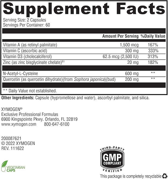 XYMOGEN Immune Essentials Daily - Long-Term Immune Support Supplement with Vitamin C Ascorbic Acid, Vitamin A & D3, N Acetyl L Cysteine, Zinc Chelate, Quercetin (120 Capsules)