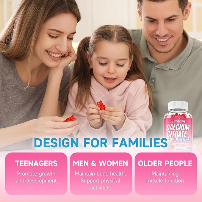 2 Pack Calcium Citrate Gummies, Sugar Free Calcium Citrate 1000mg for Muscle Healthy, Absorption Calcium Supplements for Adults & Kids, Raspberry, 120 Count