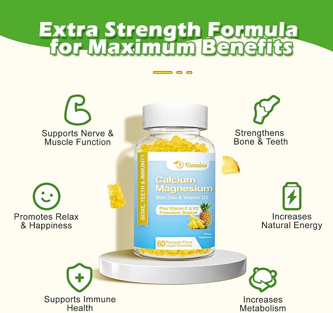 High Absorption Calcium Gummies, Sugar Free Calcium Magnesium Gummies with Vitamin D3 for Men and Women, Pineapple Flavor 60 Cts