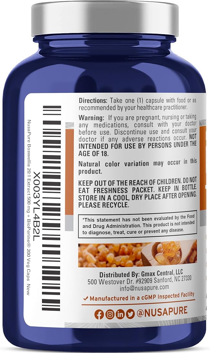 NusaPure Boswellia Serrata 10,000 mg Per Veggie Caps 200 Count (Ext. 20:1, Non-GMO, Vegan, Bioperine) Ayurvedic Herb: Indian Olibanum, Frankincense