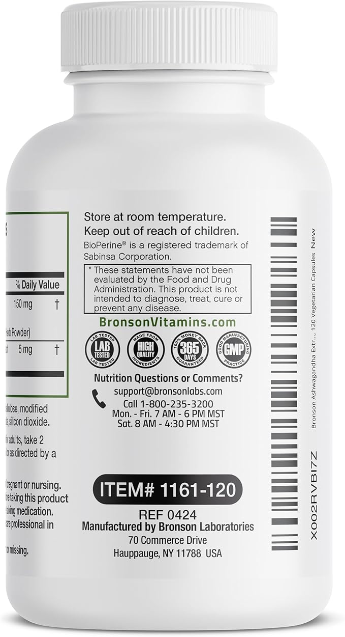 Bronson Ashwagandha Extra Strength Stress & Mood Support with BioPerine - Non GMO Formula, 120 Vegetarian Capsules