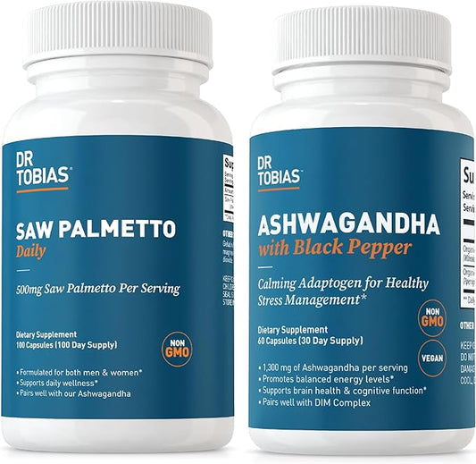 Dr. Tobias Saw Palmetto Supplement and Ashwagandha Capsules, Support Hormonal Health for Women & Men, Resilience & Balance Supplements, Non-GMO