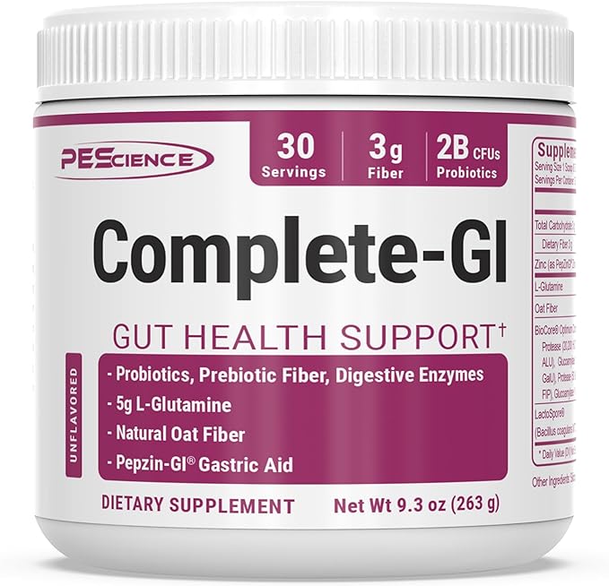 PEScience Complete-GI Gut Health Powder, Unflavored, Probiotics for Women and Men, Digestive Enzymes, Prebiotic Fiber, L Glutamine, Zinc Carnosine, 30 Servings