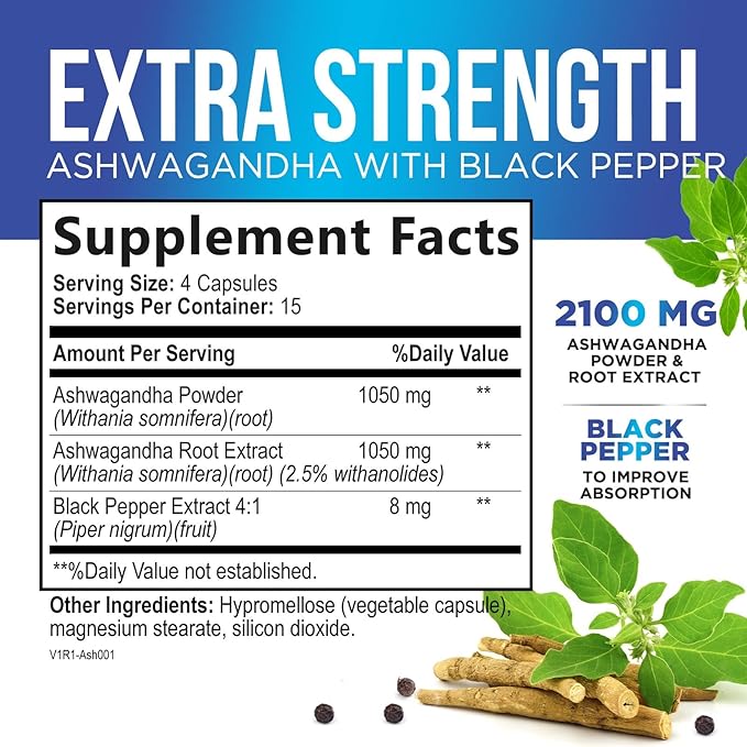 Ashwagandha Supplement 2100mg - Extra Strength Herbal Root Extract, Best Ashwagandha Supplements for Men & Women, Restore, Unwind, Calm Support Formula, Vegetarian, Non-GMO, Gluten-Free, 60 Capsules