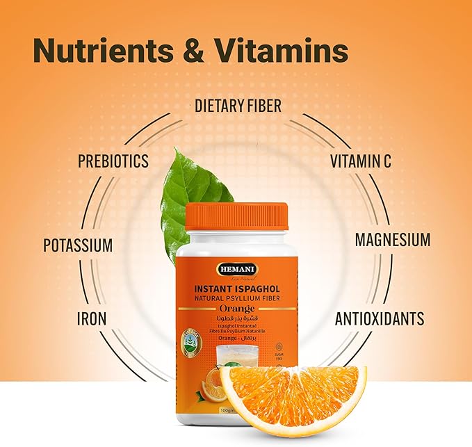 Hemani Instant Psyllium Husk Ispaghol 100g | Orange Flavored On-The-Go Fiber Supplement | Supports Digestive Health | Add to Water for a Refreshing Drink