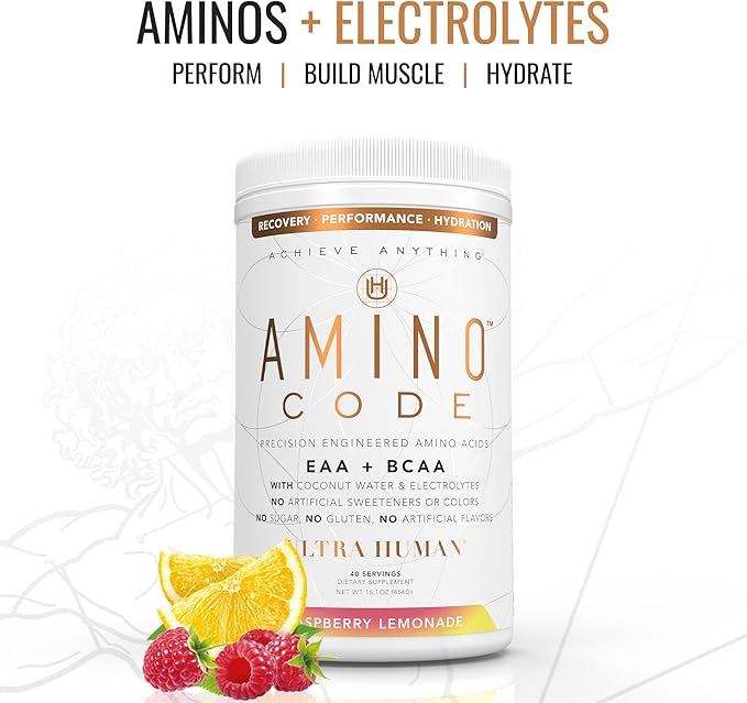 Amino Code | Essential Amino Acids + BCAAs + Coconut Water Electrolytes | Fast Hydration Workout Recovery Amino Energy Powder Drink | Clean Formula, 40 Servings - Raspberry Lemonade