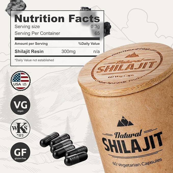 NATURAL SHILAJIT Capsules (1-2 Months Supply) - 60 Count - Shilajit for Men & Women with Fulvic Acid & Trace Minerals, Plant Based Nutrients for Energy, Immune Support & Vitality