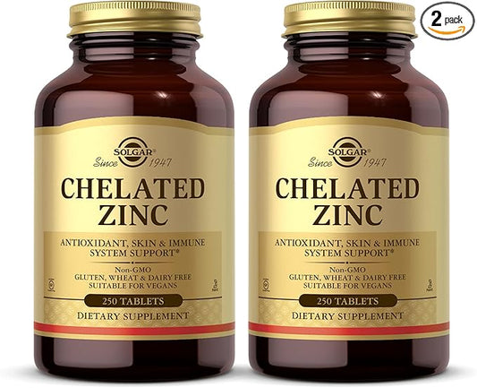 Solgar Chelated Zinc - 250 Tablets, Pack of 2 - Antioxidant, Skin & Immune System Support - Non-GMO, Vegan, Kosher, Gluten Free - 500 Total Servings
