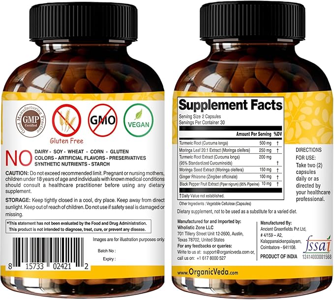 Organic Veda Turmeric Moringa Ginger Capsules - Super Antioxidants & Curcumin Supplement with 20:1 Moringa Leaf & Seed Extract, Black Pepper - Energy, Joints, Heart Health Support - 60 Vegan Pills