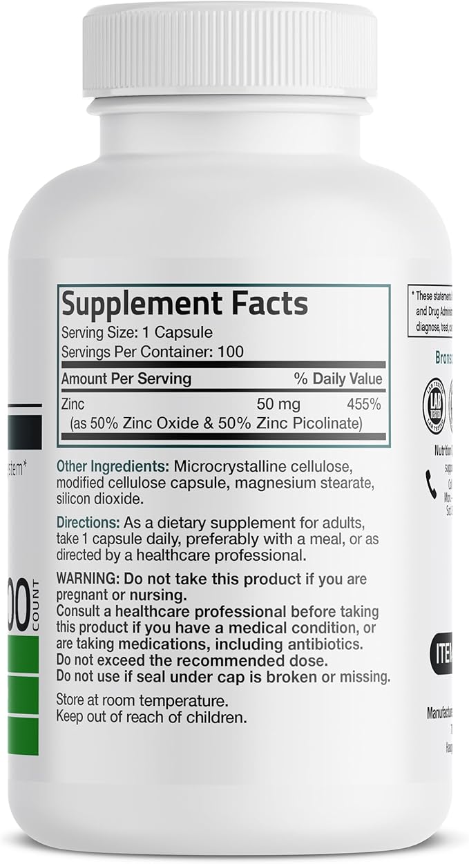 Bronson Zinc 50mg Complex High Potency Immune Support Supplement & Antioxidant and Skin Health - Non GMO, 100 Vegetarian Capsules