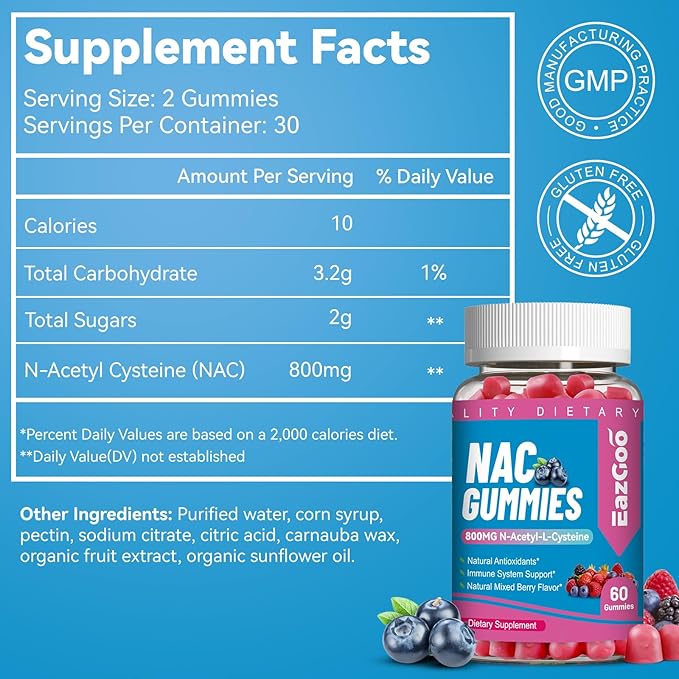NAC Gummies 800mg, N-Acetyl Cysteine Supplement, NAC Supplement for Immune System & Antioxidant, Non-GMO, Gluten Free, Vegan - 60 Counts