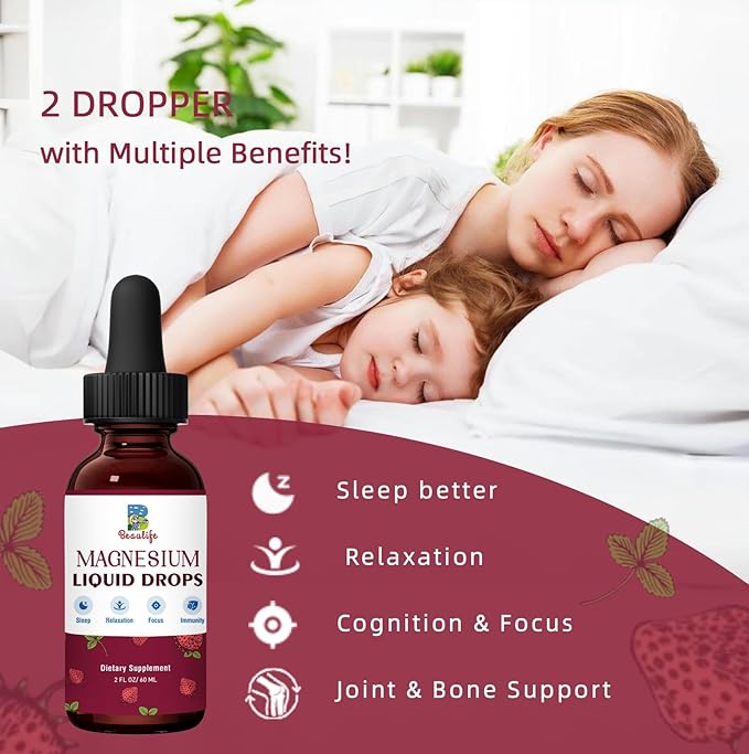 Magnesium Liquid Drop, 1000mg Magnesium Supplement,with Magnesium Glycinate & Citrate, Strawberry Flavor, Calm Mood, Sleep ,Relaxation, Immune, Heart for Adults and Kids