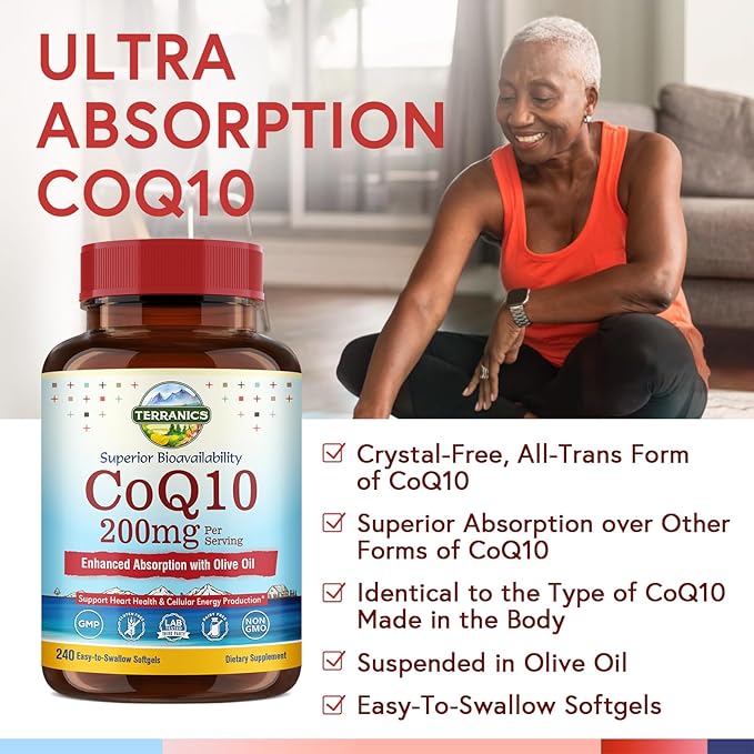 Terranics CoQ10 200mg, Coenzyme Q10 Supplement with Extra Virgin Olive Oil for Enhanced Absorption, Made in USA, Supports Heart Health, Antioxidant Protection, Energy Production, Non-GMO, 240 Softgels