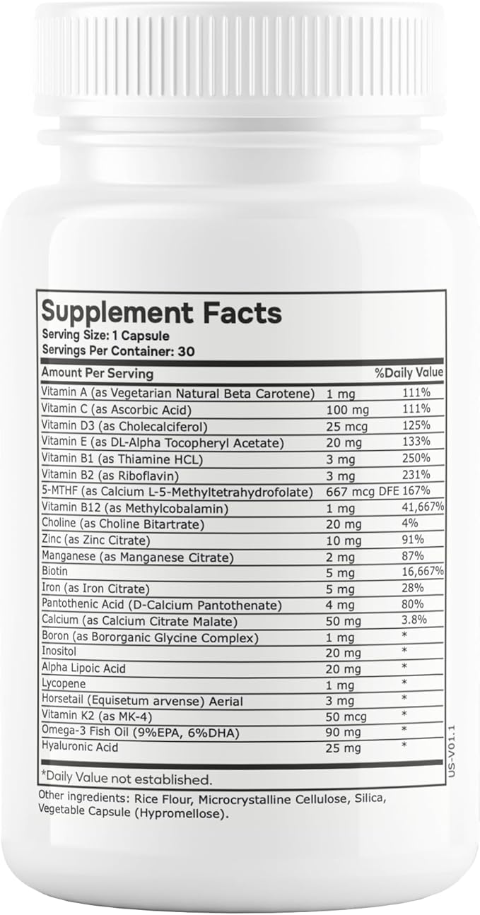 Womens Methylated Multivitamin Multimineral Horsetail, Iron, Biotin Complex with L Methylfolate for Ultra Absorption