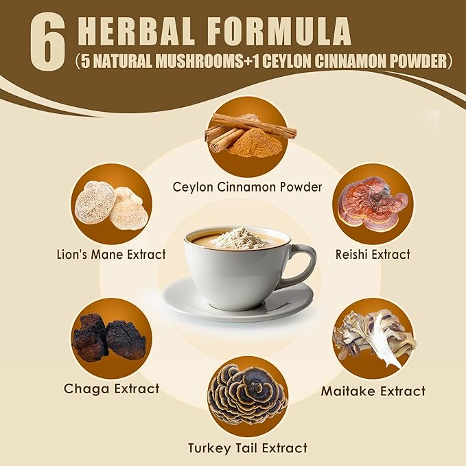 Mushroom Coconut Creamer, Natural Creamer for Coffee, 5 Mushrooms Extract |Lion's Mane, Turkey Tail, Reishi, Maitake, Chaga and Ceylon Cinnamon | Boosts Focus, Immunity and Energy | 6.35oz
