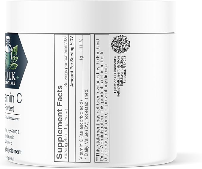 Pure Vitamin C Powder – 100g Supplement for Immune & Antioxidant Support – USA Made, Non-GMO & Gluten Free – 1g Ascorbic Acid Powder Per Serving