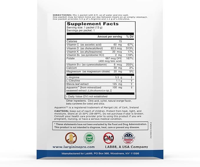 L-ARGININE PRO Supplement Powder | 60 Packets Single Serve Travel Size | 5,500mg of L-arginine Plus 1,100mg L-Citrulline, Raspberry & Orange